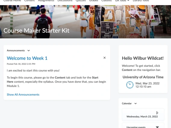 Course Home consists of a banner, welcome widget, announcement, and calendar.