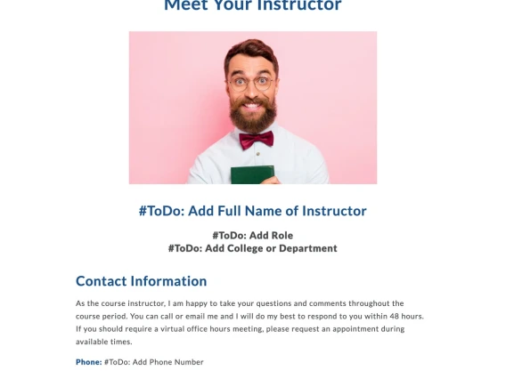 Meet Your Instructor page contains contact information and short bio