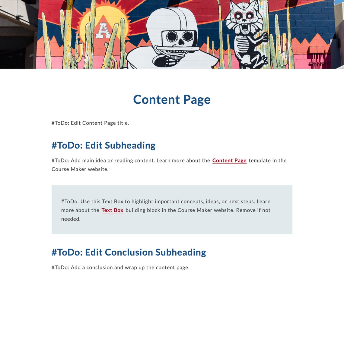 Content Page template includes subheading, a text box, and a conclusion subheading.