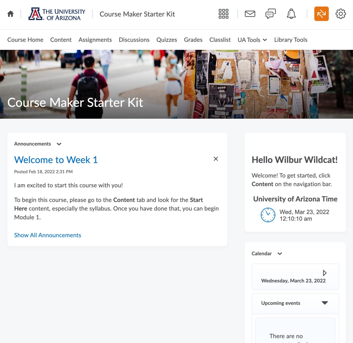 Course Home consists of a banner, welcome widget, announcement, and calendar.