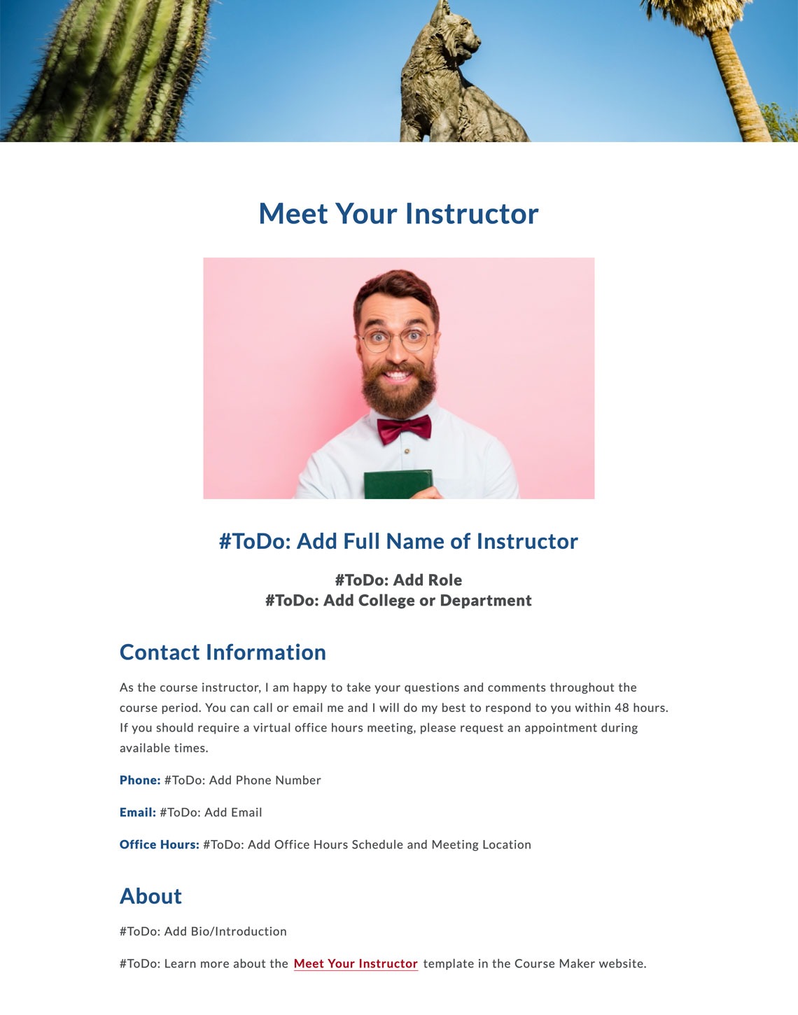 Meet Your Instructor page contains contact information and short bio