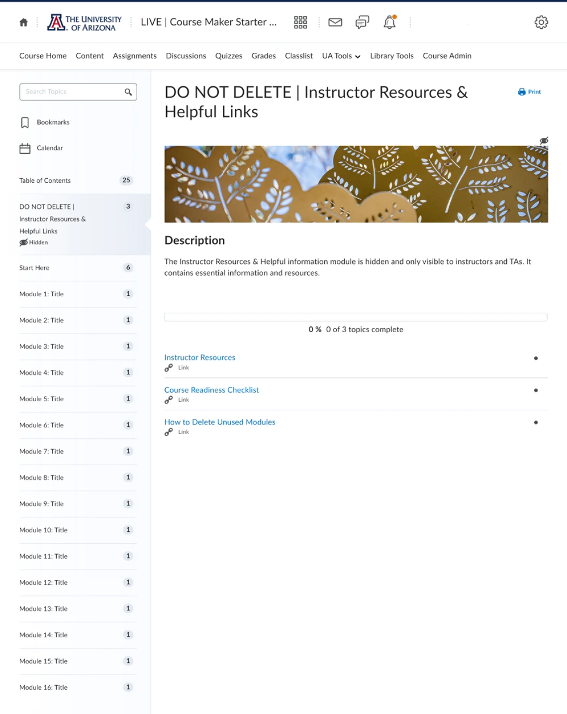 Preview of the instructor resources page