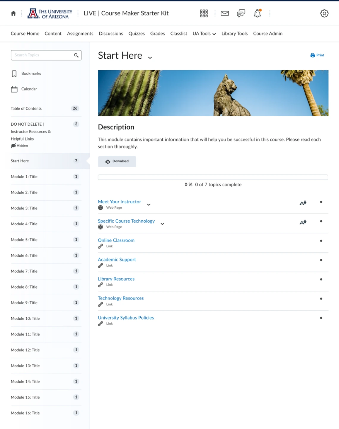Preview of the Start Here module in the Course Maker Starter Kit