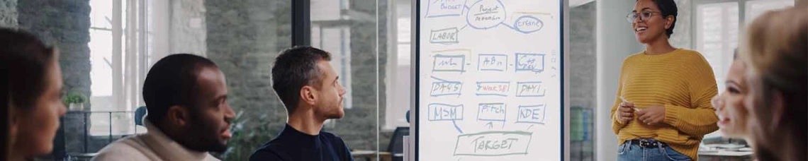 People having a discussion with whiteboard on background