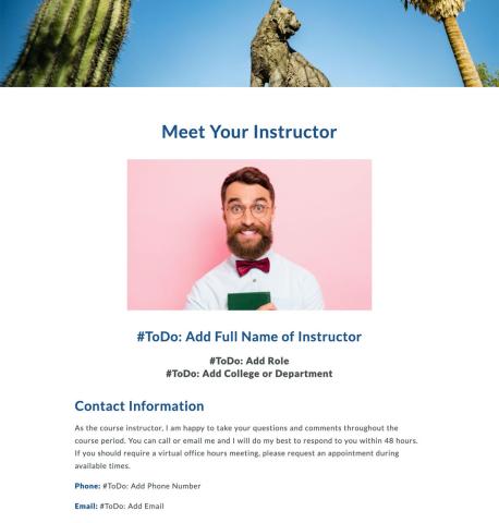 Meet Your Instructor page contains contact information and short bio