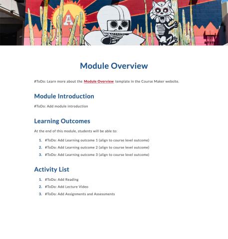 Module Overview page includes a module introduction, learning outcomes, and activity list